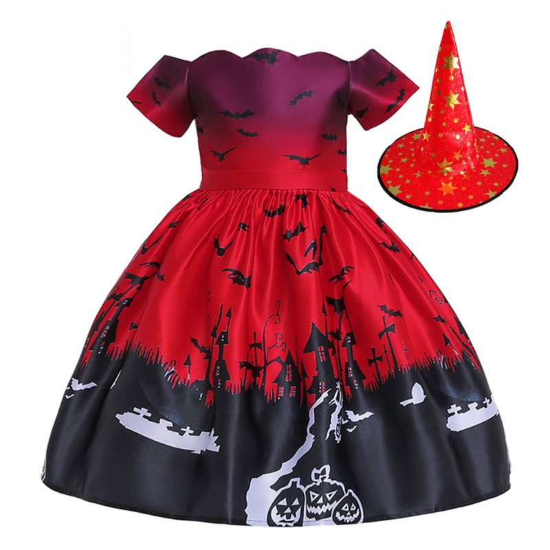 Halloween Dress Pumpkin Bat Print Princess Dress with Hat WS005-Red [with hat]_140cm