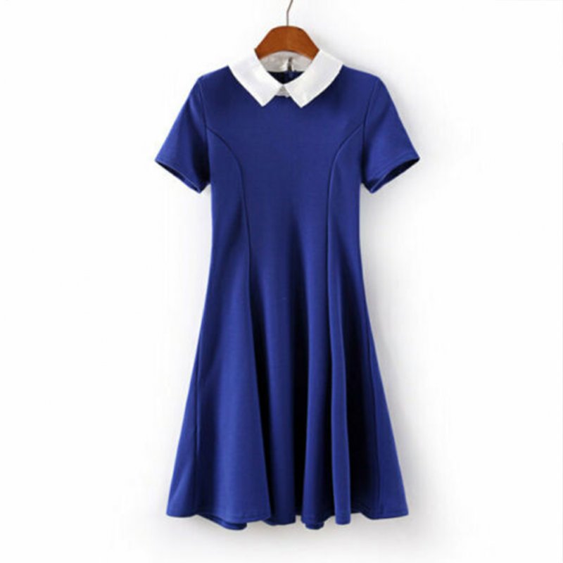 Halloween Fashionable Knit Peter Pan Collar Contrast Color Matching Slim Short Sleeves Dress  blue_XL