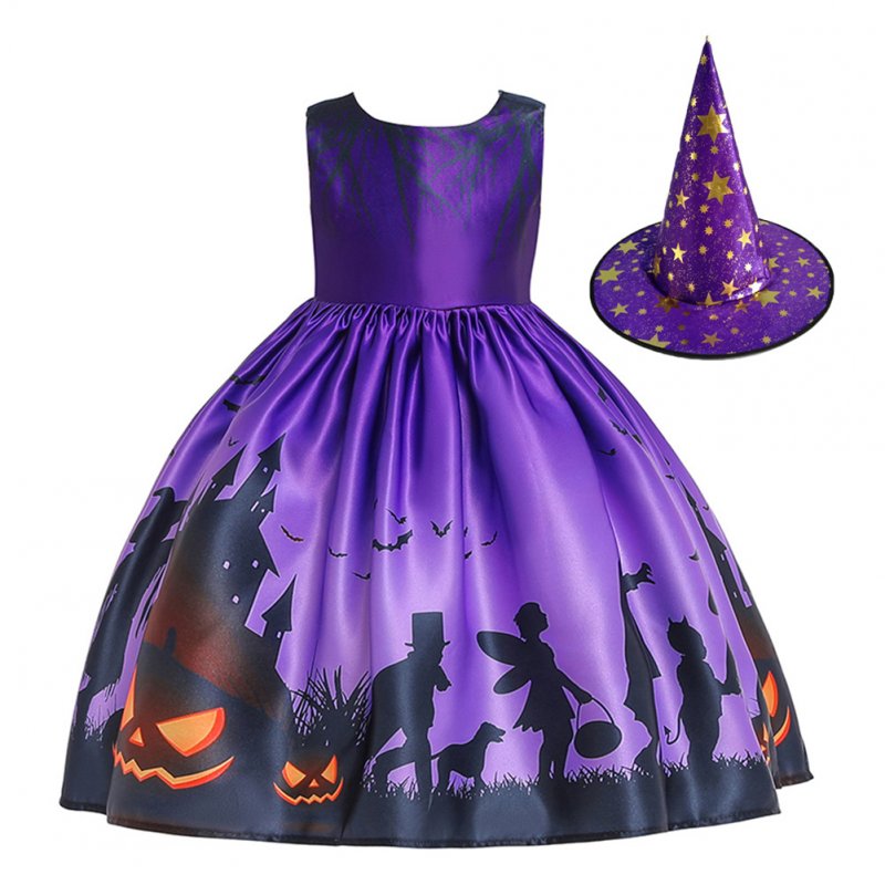 Halloween Girl Dress Pumpkin Castle Print Princess Dress Sleeveless Satin Print Child Dress WS001-purple [with hat]_110cm