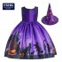 Halloween Girl Dress Pumpkin Castle Print Princess Dress Sleeveless Satin Print Child Dress WS001 purple  with hat  140cm