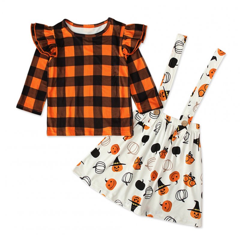 Halloween Lattice Top+Sling Dress Girl Outfit Pumpkin Decor Clothing Set Party Suits Orange CC01633_90 yards