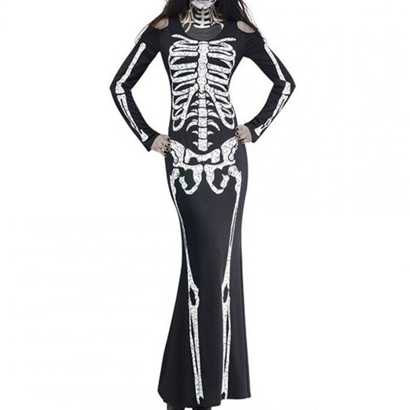 Halloween Sexy Bodycon Dress Scary Skeleton Long Sleeve Slim Cosplay Party Show Costume black_M