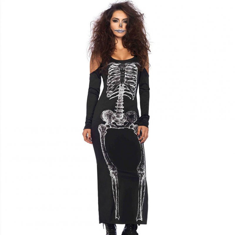 Halloween Slim Bodycon Sling Dress Scary Skeleton Long Sleeve Sexy Cosplay Party Costume black_M