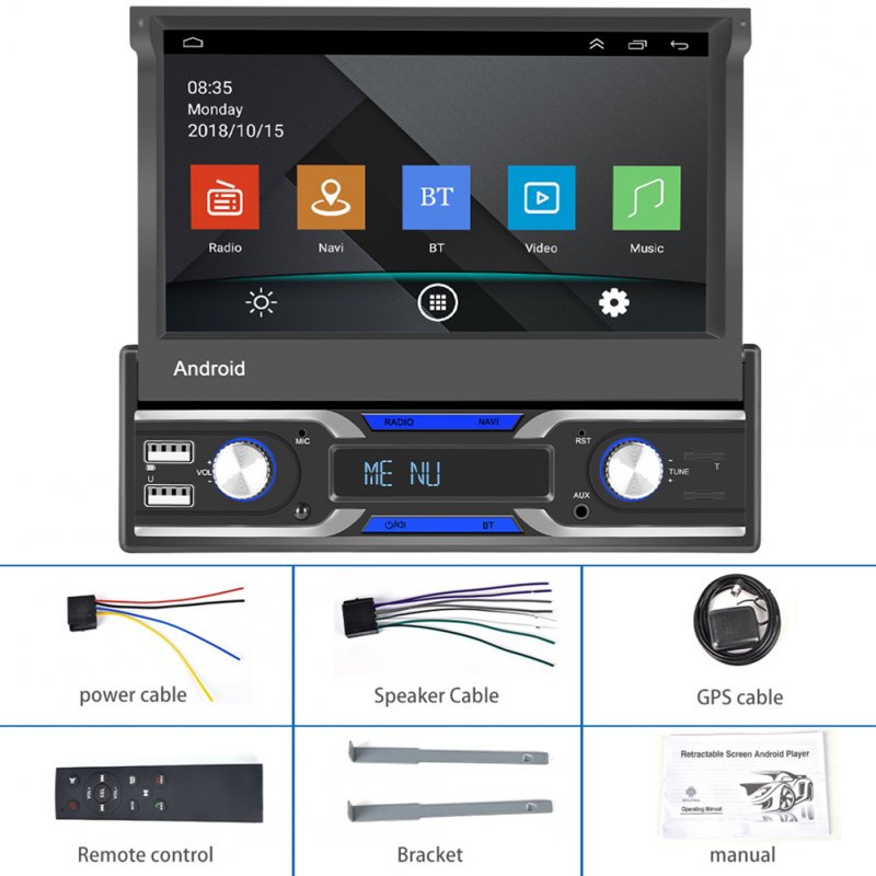 Car Multimedia Player 1 Din 7-inch Touch Screen Android 10.1 Navigation Reversing Video for Carplay Black