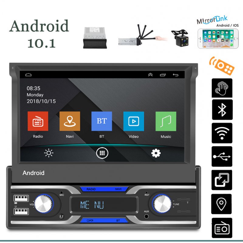 Car Multimedia Player 1 Din 7-inch Touch Screen Android 10.1 Navigation Reversing Video for Carplay Black