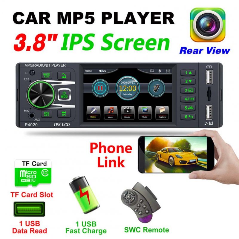 3.8 Inch Car Radio Ips Screen Bluetooth 2.0 Mp5 Player with Microphone Rear View Function 