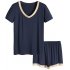 HiMiss Women s Leisure V Neck Short Sleeve Pajama Set Summer Sleepwear Navy S