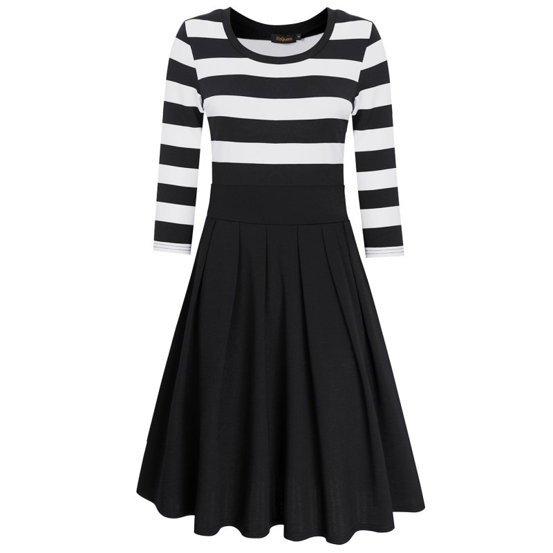 HiQueen Women Casual Scoop Neck 3/4 Sleeve A-Line Swing Dress Stripe Modest Dresses Black_L