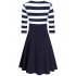 HiQueen Women Casual Scoop Neck 3 4 Sleeve A Line Swing Dress Stripe Modest Dresses Dark blue 2XL