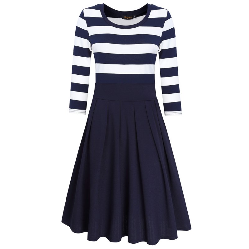 HiQueen Women Casual Scoop Neck 3/4 Sleeve A-Line Swing Dress Stripe Modest Dresses Dark blue_M