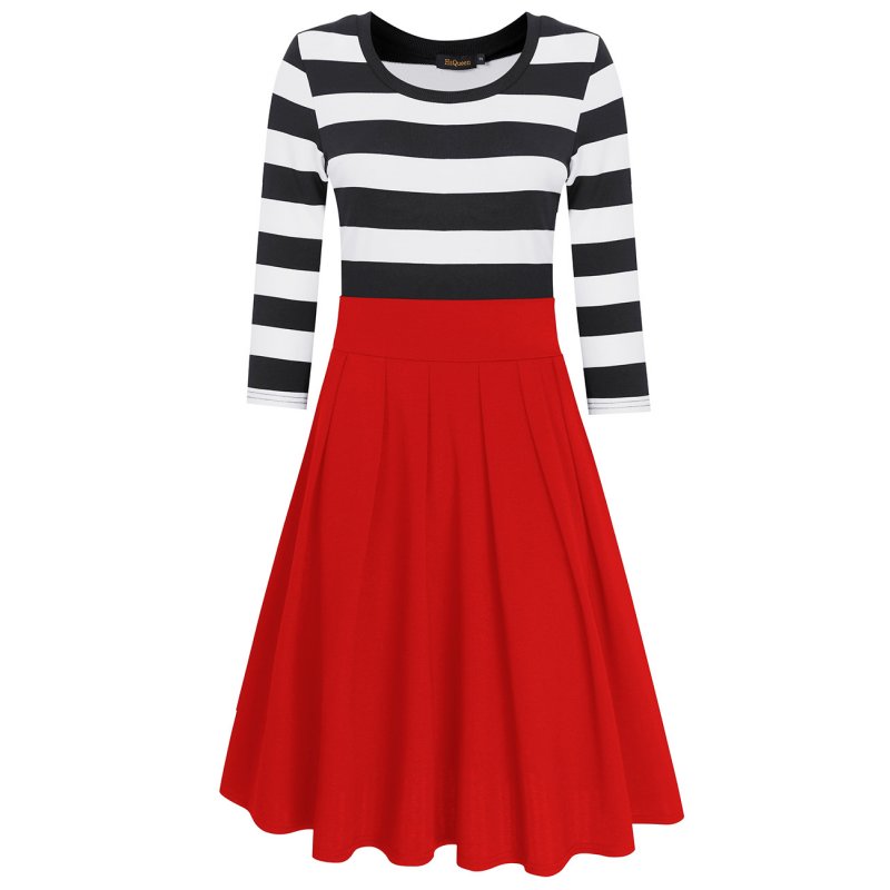 HiQueen Women Casual Scoop Neck 3/4 Sleeve A-Line Swing Dress Stripe Modest Dresses Red_S