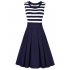 HiQueen Women s Scoop Collar Stripe Sleeve Elegant Business A line Dress Blue 2XL