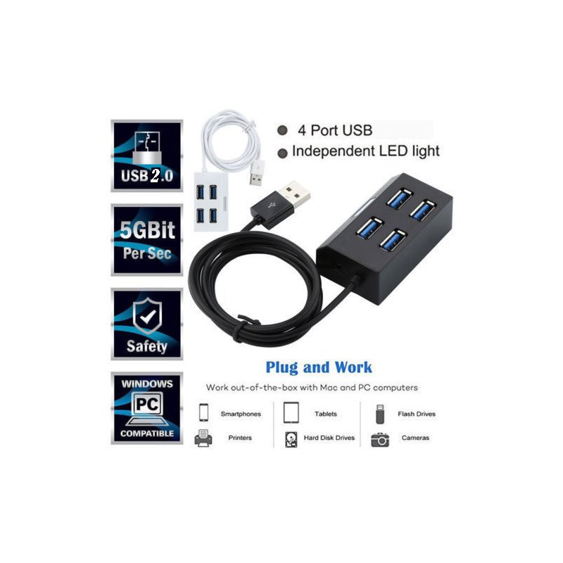 High Speed Mini Portable 4-Port USB Hub HUB Expansion Splitter Power Adapter Switch For PC Port Expander Multiple USB black