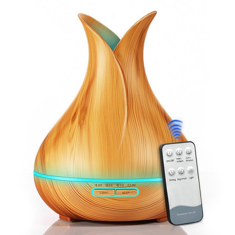 Home 400ML Vase Shape Wood Grain Remote Control Air Humidifier Aroma Diffuser light yellow_British regulatory