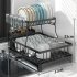 Household Removable Storage Rack Shelf 2 Tier Large Capacity Dish Drainer Utensil Holder with Chopsticks Rack Black