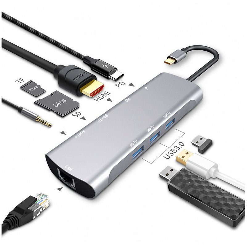 Hub Adapter USB C to Hdmimi C to VGA  Rj45 3.5mm Aux Socket with SD TF Pd Plug USB3.1 Hub for Macbook Pro USB-C Hub Nine in one
