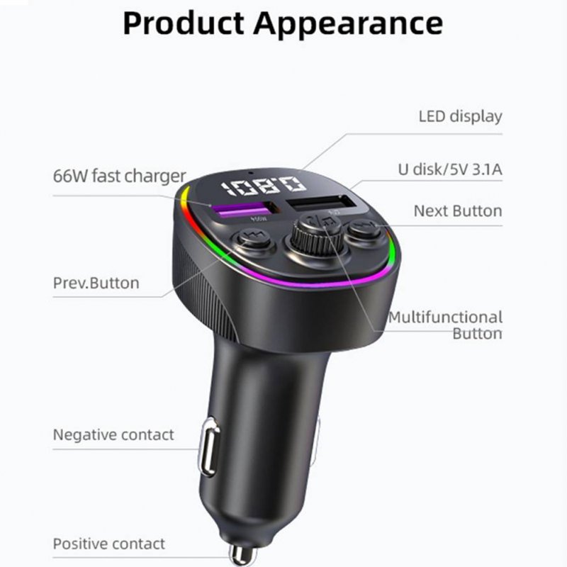 FM Transmitter For Car Dual USB Car Charger 66W Fast Charging Wireless FM Radio Transmitter For 12v-24v Car Truck Off-road Vehicle 