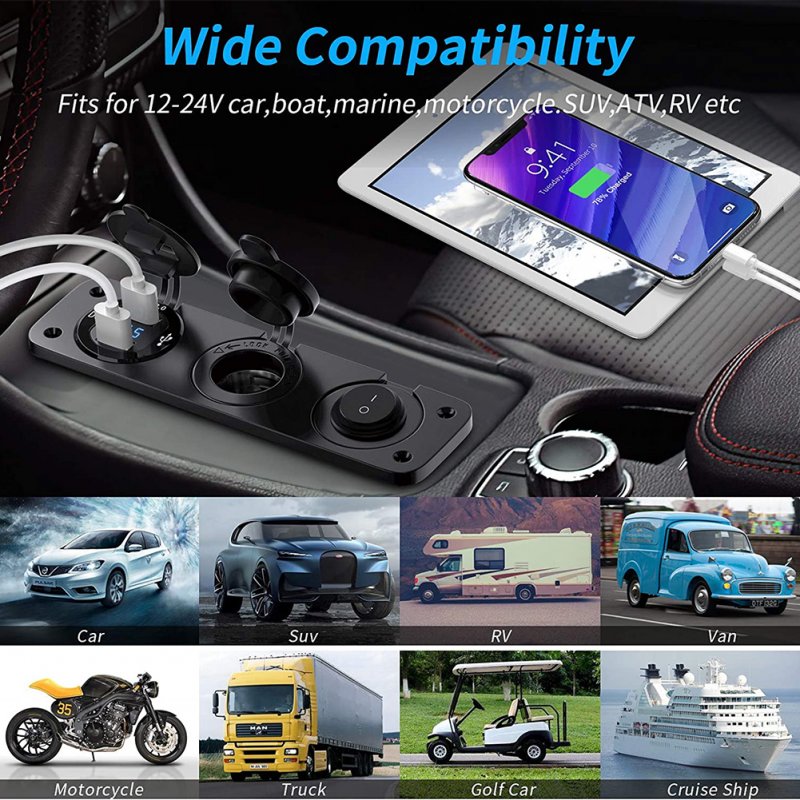 12-24v Rv Car Charger Socket Cigarette Lighter Waterproof Switch Combination Qc3.0 Quick Charge Dual Usb Socket 