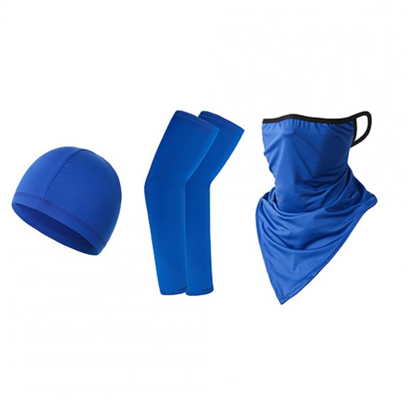 Ice Silk Sunscreen  Set Printing Neck Protector Triangle Scarf+sleeves+hat Royal Blue_One size