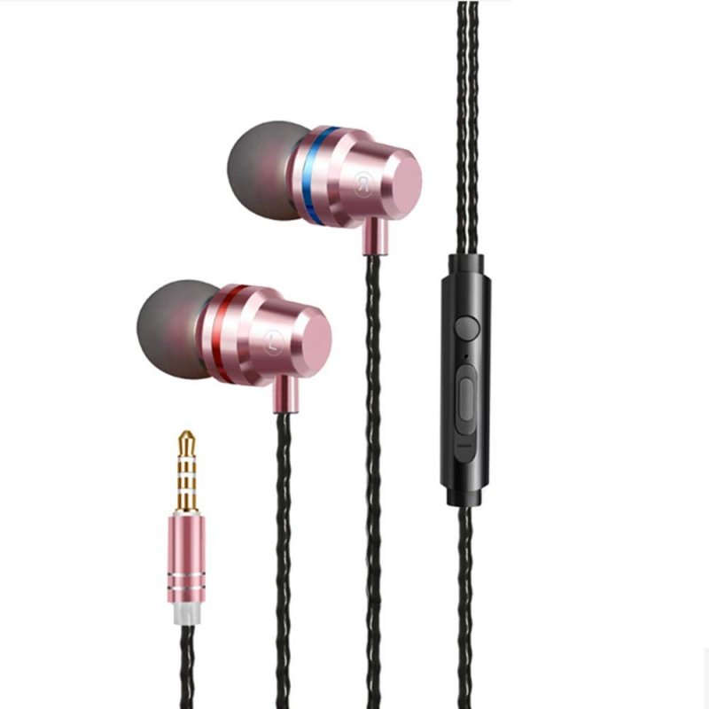 In-Ear Earbud Headphones Heavy Bass Wired Headset Metal Earbud with Micphone Stereo Sound Effect Pink