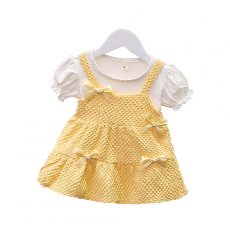 Infant Baby Girls Summer Dress Short Sleeve Round Neck Bow Princess Dresses For 1-3 Years Children yellow 30-36M 110