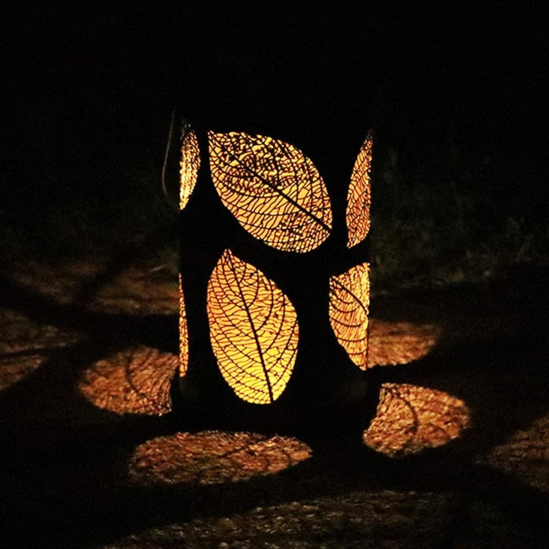Iron Solar Lamp Hollowed Out Leaf Shadow Lantern Hanging Lighting Outdoor Landscape Light warm light