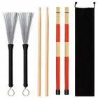 Jazz Drumsticks Set Include Bamboo Drum Sticks Steel Wire Brushes and Velvet Bag for Musical Instrument red