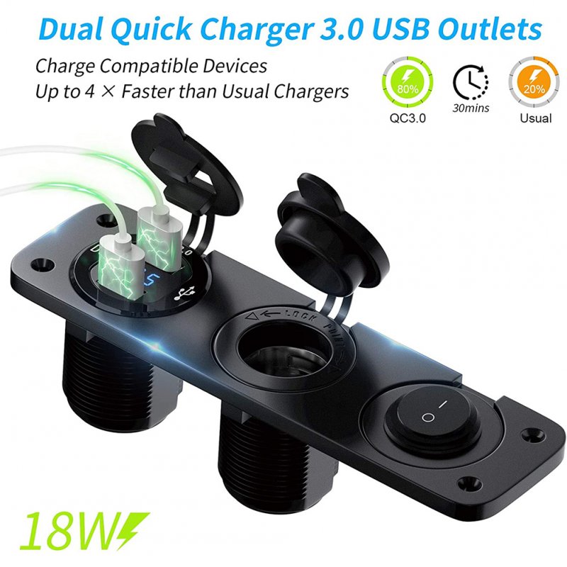 12-24v Rv Car Charger Socket Cigarette Lighter Waterproof Switch Combination Qc3.0 Quick Charge Dual Usb Socket 