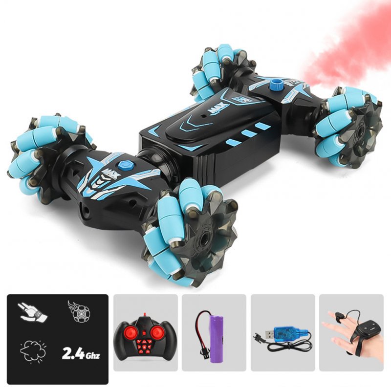 Jc01 Remote Control Spray Stunt Car Traverse Wheel Light Sound Multi-function Remote Control Vehicle blue dual remote