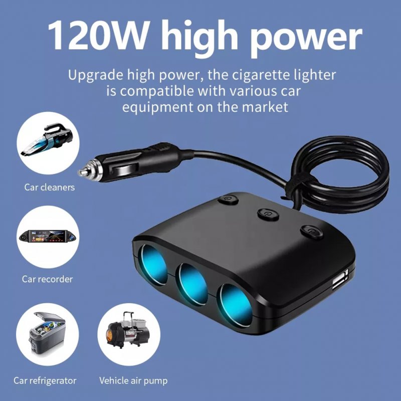 12V 24V High-power Car Charger Dual USB 1-to-3 Cigarette Lighter 120W 
