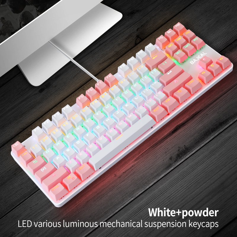 K100 Dual-color 87-key Usb Backlit Key Click Office Home Gaming Mechanical Keyboard White pink