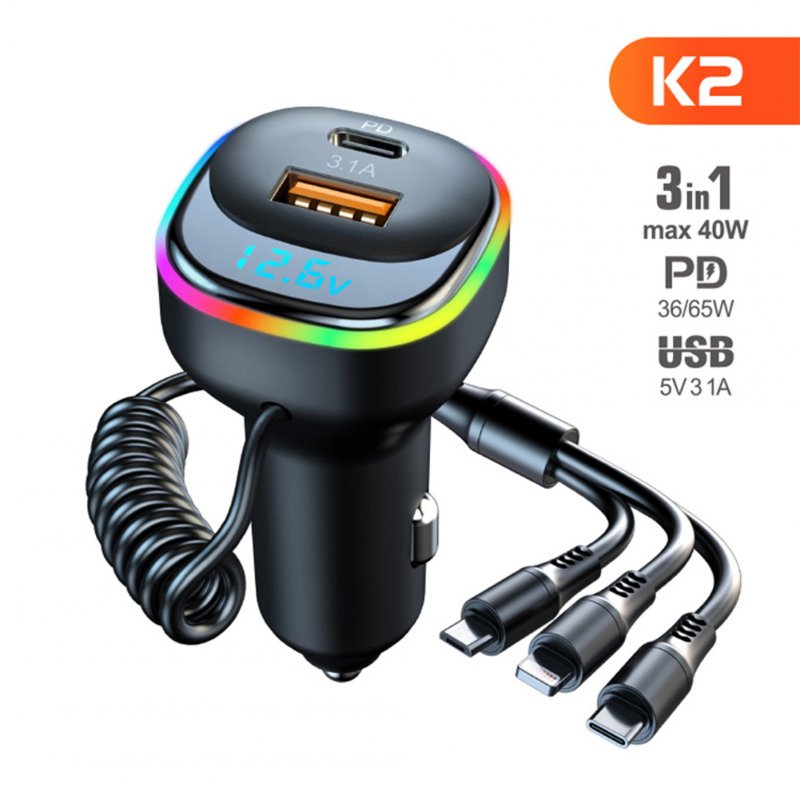 3-in-1 K2 Car Charger Display 12-24v Pd65w Qc3.0 Quick Charge