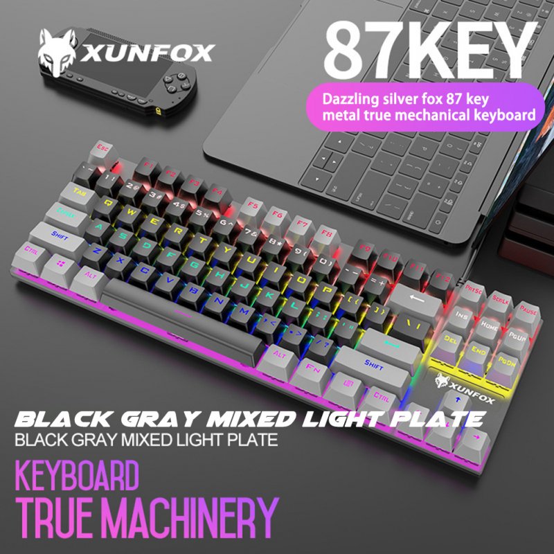 K80 Wired Mechanical  Keyboard Cyan Axis Ergonomic Design Metal Panel Luminous Desktop Computer Notebook 87-key Game Keyboard Black gray 