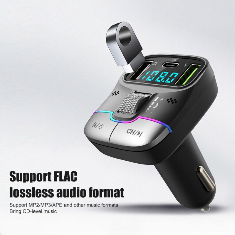 Car MP3 Player Adapter FM Transmitter With LED Display USB PD Fast Charger Supports Handsfree Call U Disk 