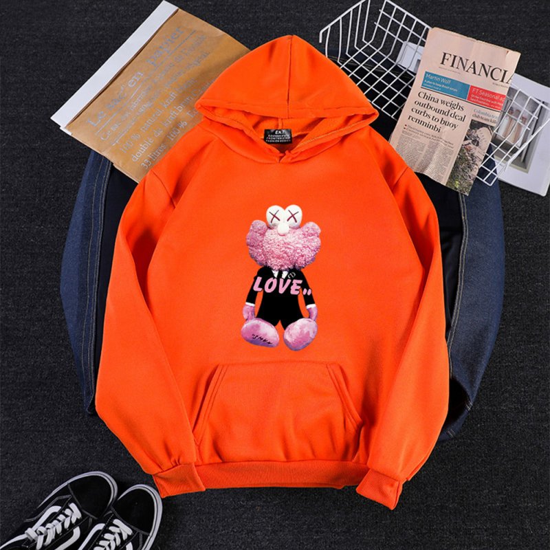 KAWS Men Women Hoodie Sweatshirt Cartoon Love Bear Thicken Autumn Winter Loose Pullover Orange_S