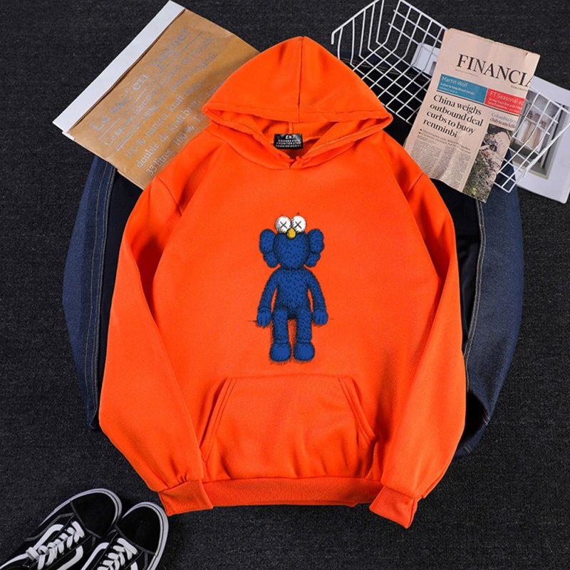 KAWS Men Women Hoodie Sweatshirt Cartoon Standing Doll Thicken Autumn Winter Loose Pullover Orange_S