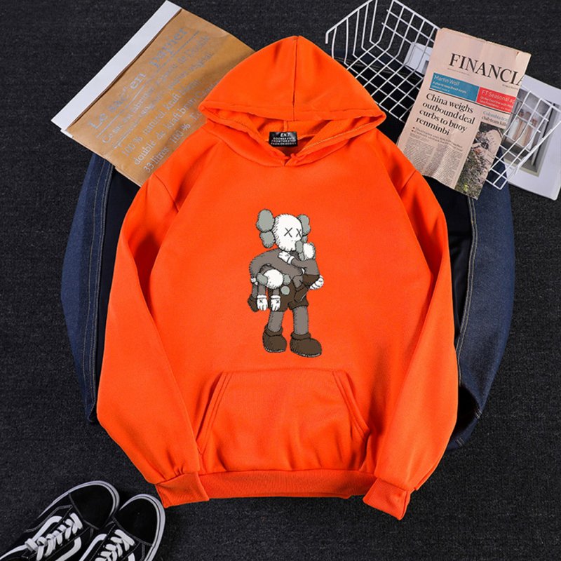 KAWS Men Women Hoodie Sweatshirt Climbing Doll Cartoon Thicken Autumn Winter Loose Pullover Orange_S