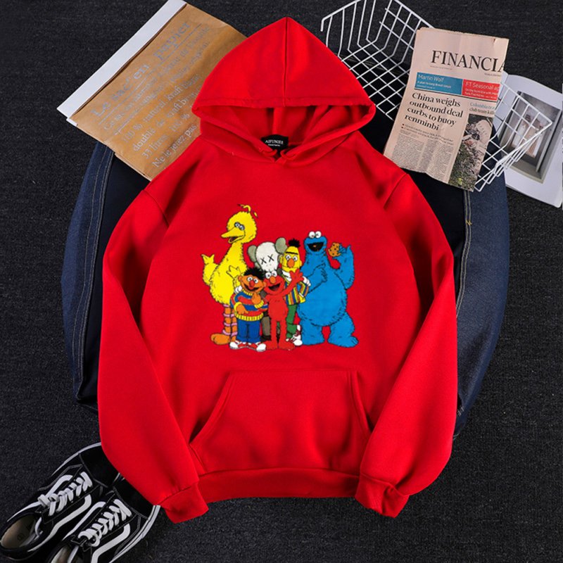 KAWS Men Women Sweatshirt Cartoon Animals Thicken Autumn Winter Loose Hoodie Pullover Red_XL