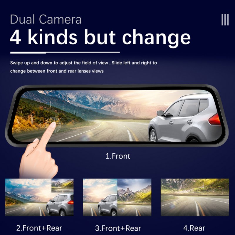 9.66 Inch Mirror Dash Cam Front Rear 1080P Camera IPS Touch Screen 150° Wide View Split Screen Driving Recorder 