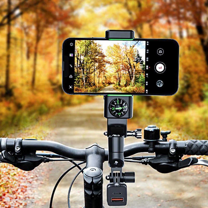 Bike Phone Mount Free Rotation Bicycle Handlebar Cell Phone Holder With 2500mAh Front Lights Spherical Compass black Handlebar no light