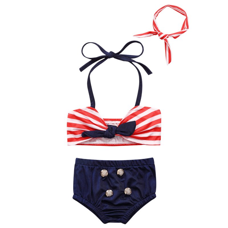 KIDLOVE Baby Girls 3 Pieces Bikini Swimsuit Striped Lacing Swimwear Set Top + Bottom + Headband 