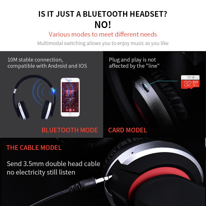 Wireless Headphones Bluetooth Headset Foldable Stereo Gaming Earphones with Microphone Support TF Card for IPad Mobile Phone 