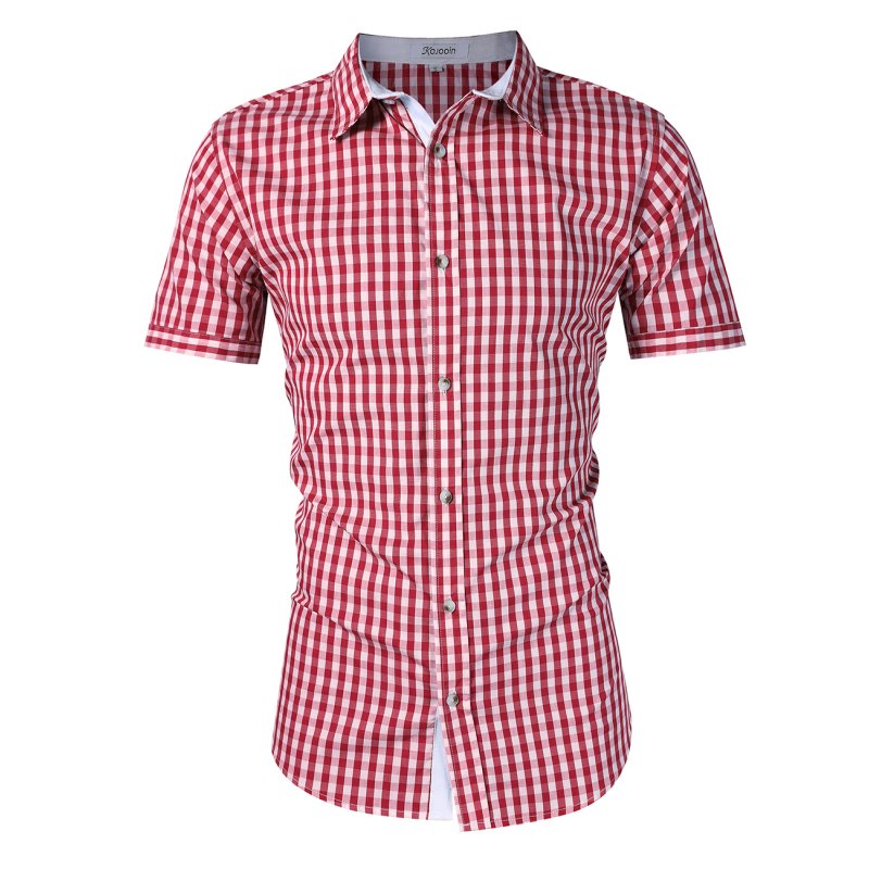KOJOOIN Men's Plaid T-Shirt Turn Down Collar Short Sleeve Button Slim Fit Shirt