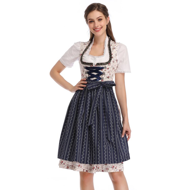 KOJOOIN Women's 3-Piece Vintage Stand Collar Floral German Oktoberfest Dirndl Dress