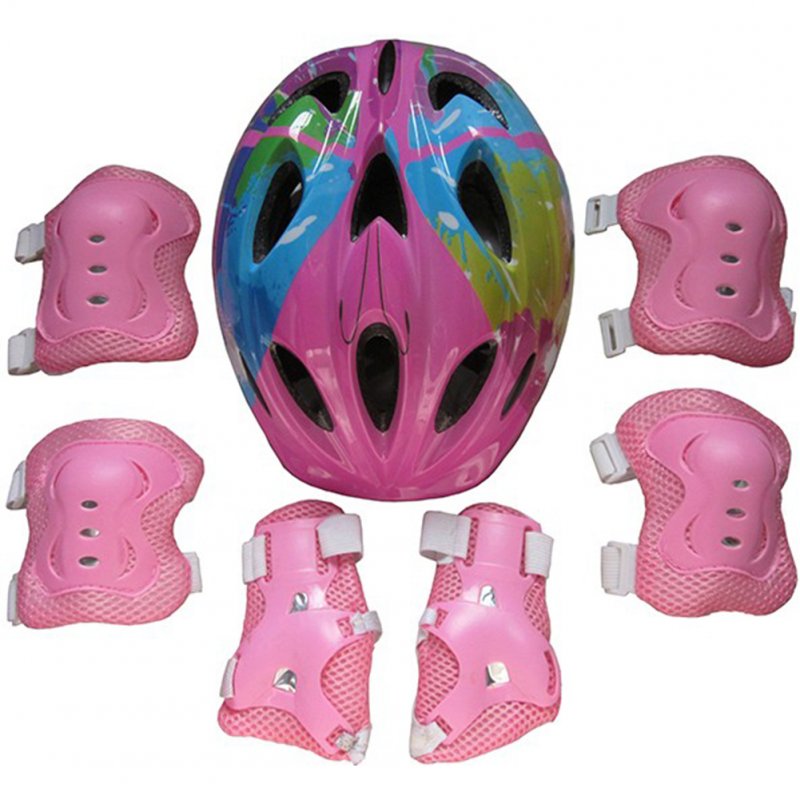 Kids Adjustable Bike Helmet Protect Set with Knee Elbow Wrist Guard for Cycling Biking Skateboard  Pink printing_Children