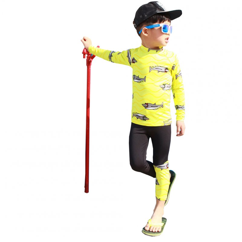 Kids Boys Cartoon Sunscreen Quick Dry Swimming Long Sleeve Tops Trousers  yellow_L
