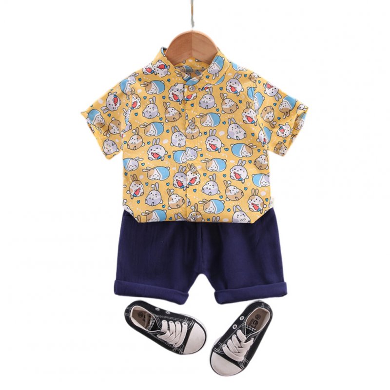 Kids Boys Short-sleeve Suit Rabbit Print Single Breasted T-shirt Shorts Two-piece Set Summer Casual Outfits yellow 2-3Y 100cm