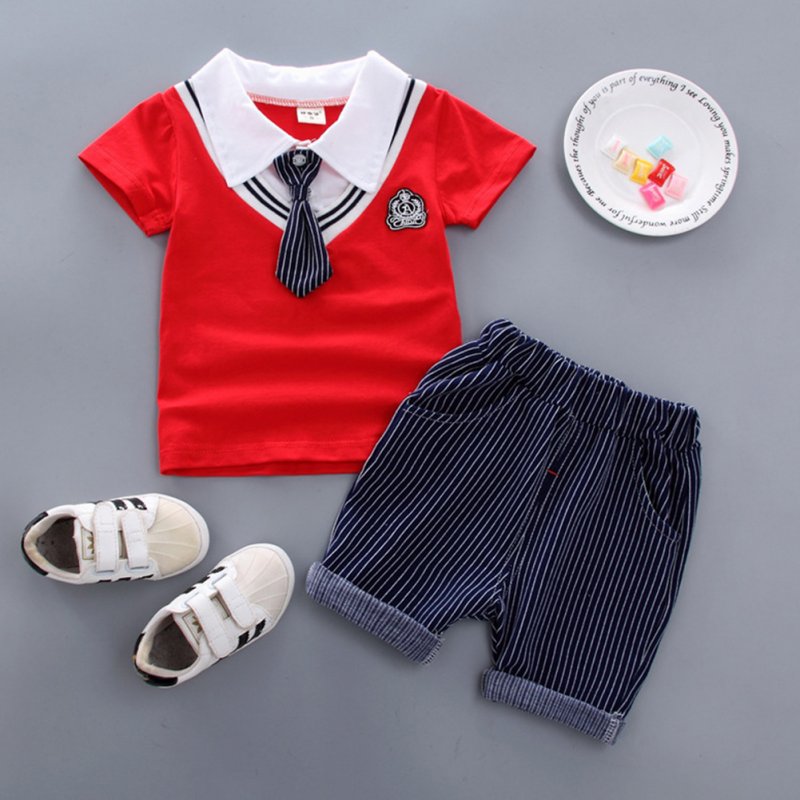 Kids Boys Stripe Printing Tie Short Sleeve T Shirt+Shorts Set BBE chicken heart red_90cm
