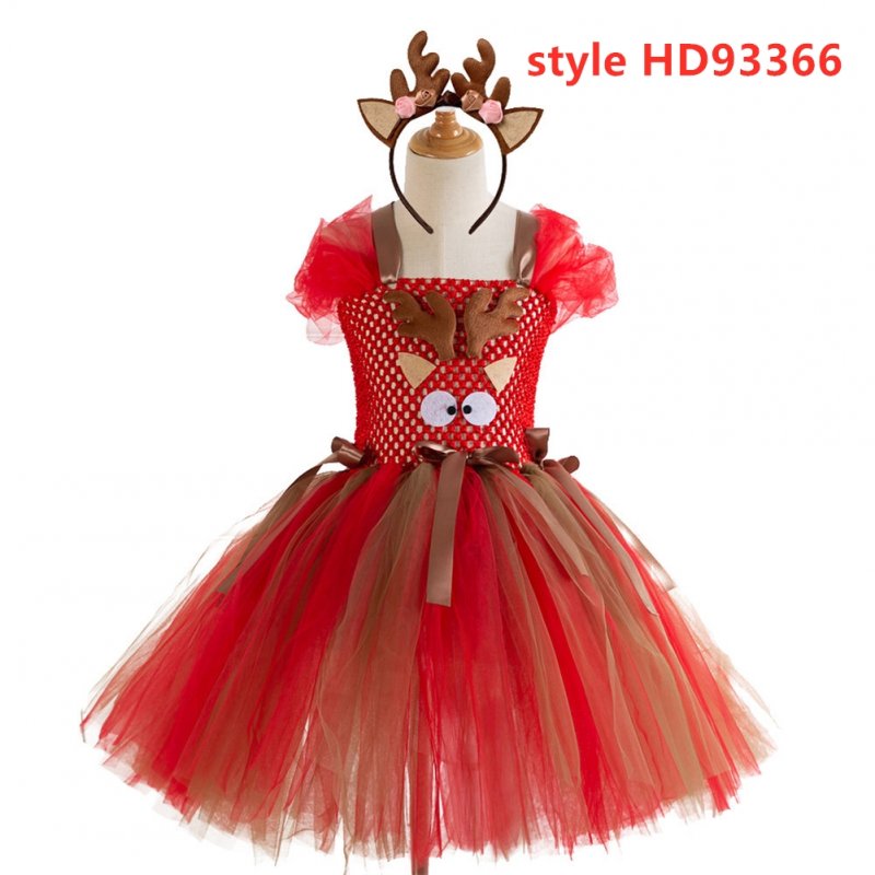 Kids Girls Christmas Cartoon Elk Dress Fluffy Skirt + Headdress Set HD93366