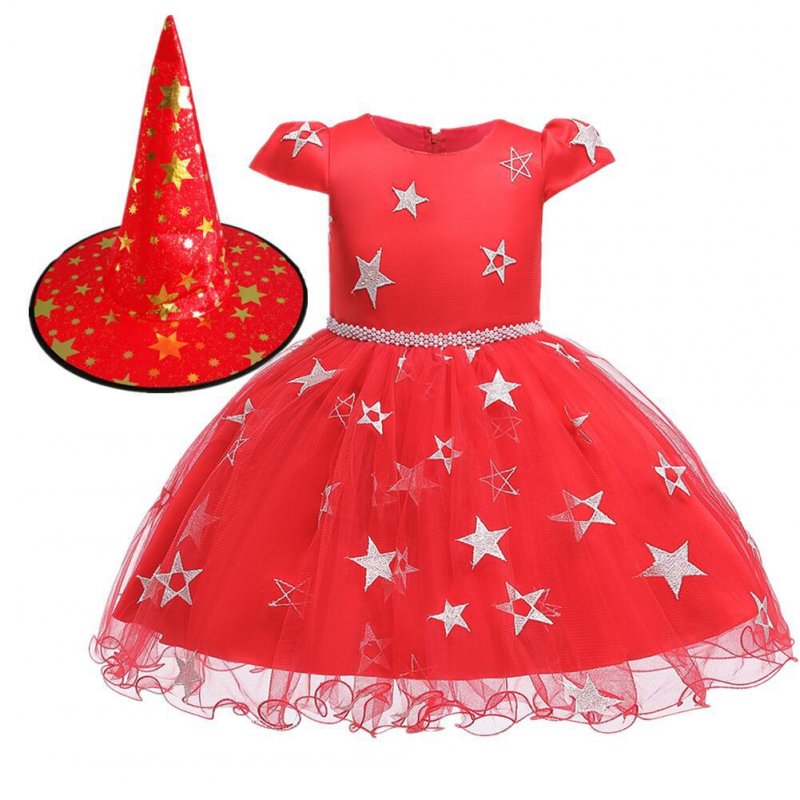 Kids Girls Halloween Witch Hat Star Princess Dress Set for Party Wear red_80cm
